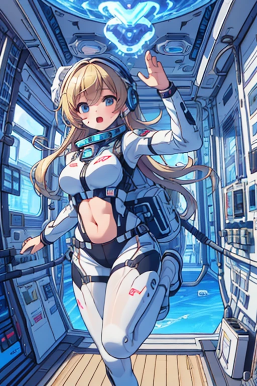 top-quality,Top image quality,In 8k,4K,masterpiece,Ultra-detailliert,beautiful,Ultra-quality, best quality,expensive solve, Ultra-Familiar,game CG,dutch angle,(Acrobatic pose):5,Jumping:5,(inside spacestation,)beautiful Familiar eye,five refer,headphone,Browsing Caution,a beauty girl,(Astro Best):5,(Tracking unishapes),Wet,(vapor:1.5),Running shape,Open Open mouth,(Blonde),(Long Hair):2,belly button,space_station_interior, exercise_room, Futuristic, expensive_technology, zero_gravity_exercise_device, expensive_solve_landscape, Sophisticated_design, Minimal, 8k_solve, game_CG_style, Dutch_angle, Familiar_character, Tracking_unishape, perfection_running_shape, intense_performance, Familiar_eye, decide, vapor:1.5, beauty, strength, five_refer, appear_belly button, Open_mouth, Ultra_quality, expensive_solve, Ultra_Familiar,Astro Best