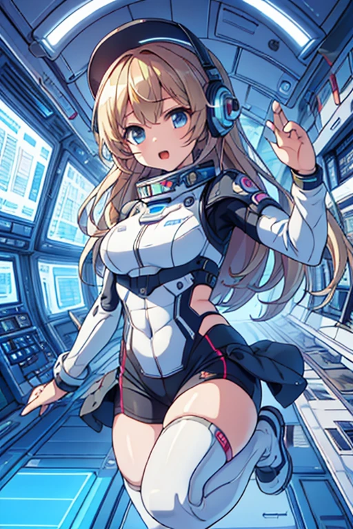 top-quality,Top image quality,In 8k,4K,masterpiece,Ultra-detailliert,beautiful,Ultra-quality, best quality,expensive solve, Ultra-Familiar,game CG,dutch angle,(Acrobatic pose):5,Jumping:5,(inside spacestation,)beautiful Familiar eye,five refer,headphone,Browsing Caution,a beauty girl,(Astro Best):5,(Tracking unishapes),Wet,(vapor:1.5),Running shape,Open Open mouth,(Blonde),(Long Hair):2,belly button,space_station_interior, exercise_room, Futuristic, expensive_technology, zero_gravity_exercise_device, expensive_solve_landscape, Sophisticated_design, Minimal, 8k_solve, game_CG_style, Dutch_angle, Familiar_character, Tracking_unishape, perfection_running_shape, intense_performance, Familiar_eye, decide, vapor:1.5, beauty, strength, five_refer, appear_belly button, Open_mouth, Ultra_quality, expensive_solve, Ultra_Familiar,Astro Best