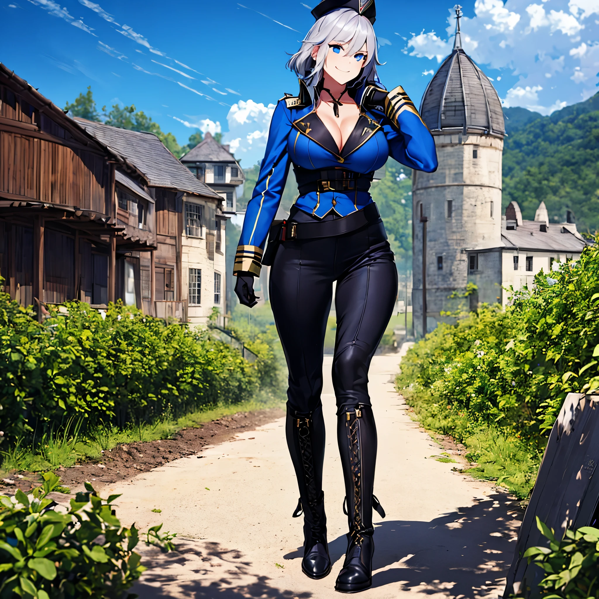 a woman wearing an 18th century American military uniform, blue military coat, military hat, black military boots, black military pants, shoulder length silver hair, smiling blue eyes, big breasts, perfect eyes, walking in a battlefield, HDR , ultra resolution, sharp, masterpiece, 8K HD (solo woaman)
