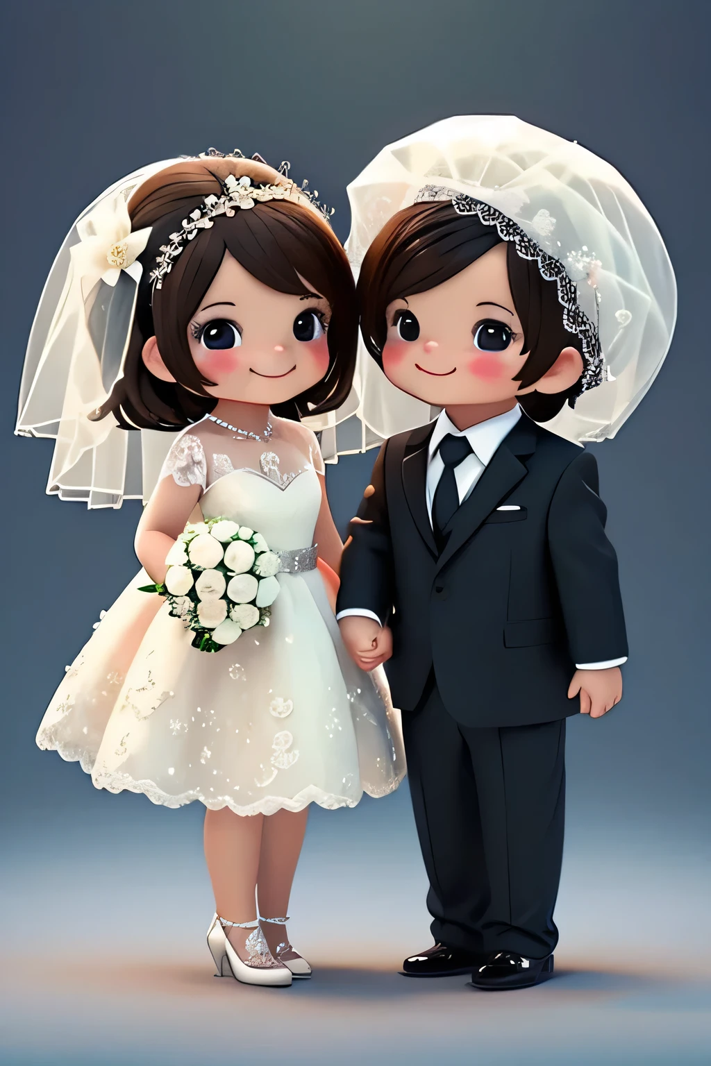 wedding couple, cute, dark hair, full body, white background