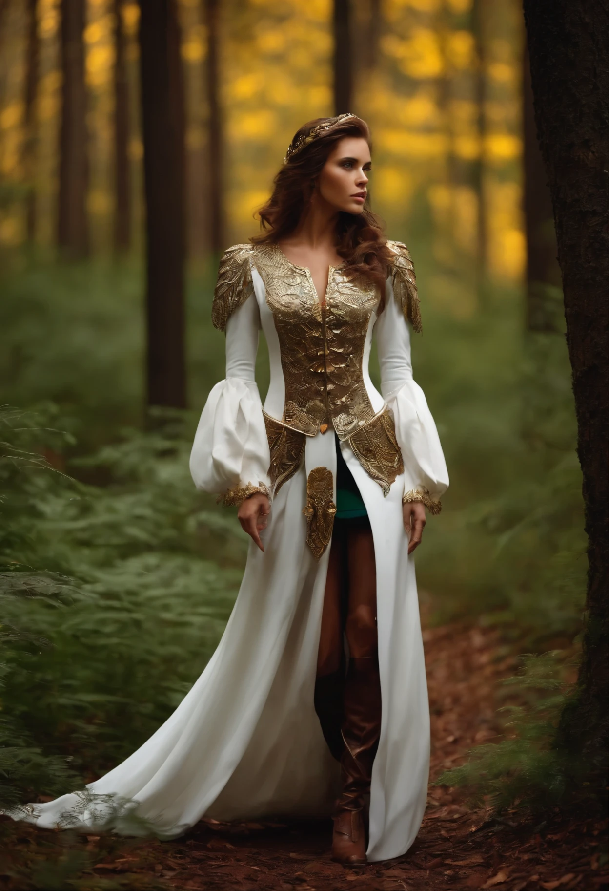 armored dress, white shirt, forest