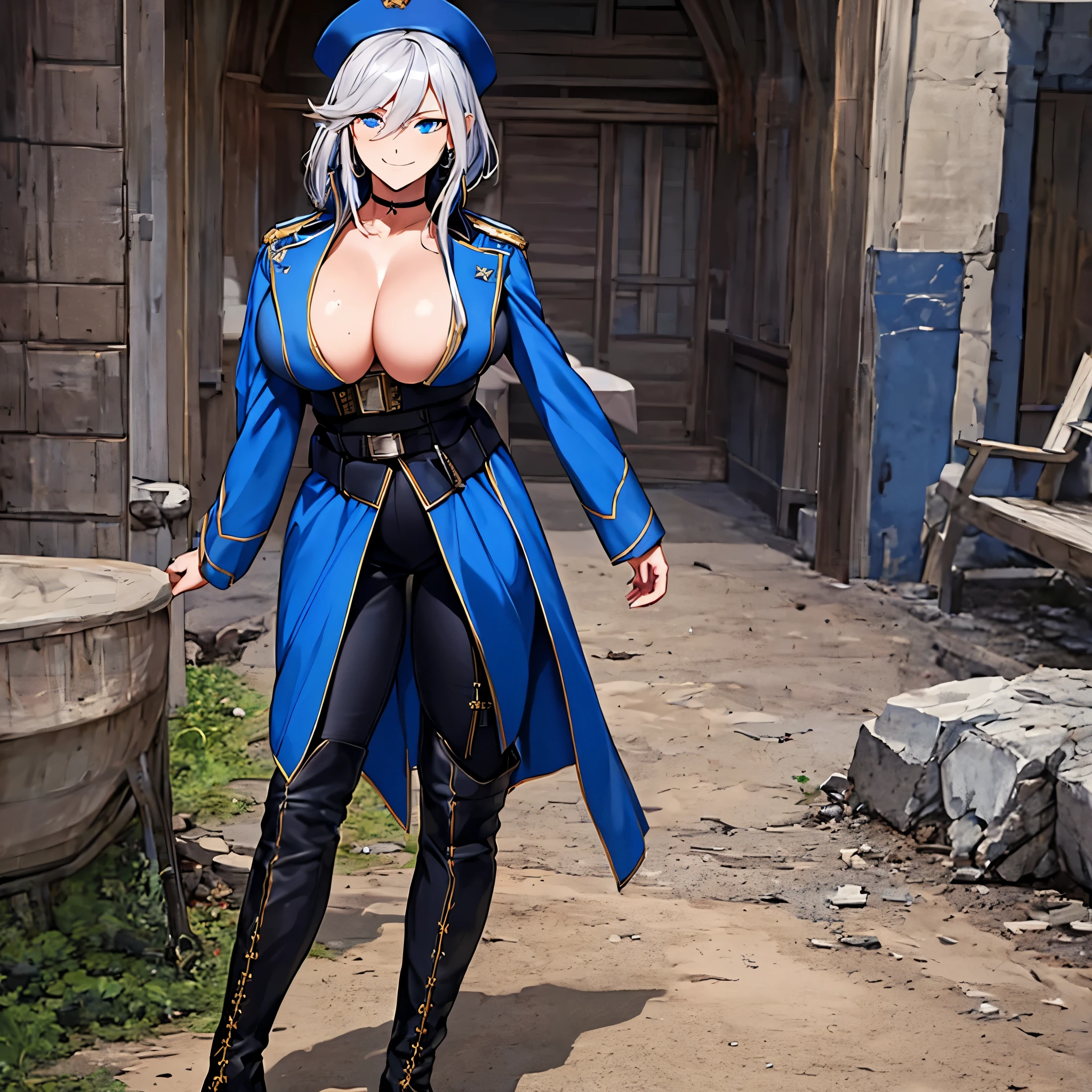 a woman wearing an 18th century American military uniform, blue military coat, military hat, black military boots, black military pants, shoulder length silver hair, smiling blue eyes, big breasts, perfect eyes, walking in a battlefield, HDR , ultra resolution, sharp, masterpiece, 8K HD (solo woaman)