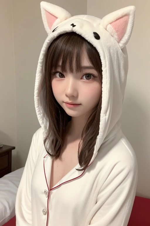 one girl, (a beauty girl, delicate girl:1.3), (12 years old:1.3),
break, (White fluffy kigurumi pajamas, cat kigurumi:1.2), (Upper Body:1.2),
break, Very fine grain definition, (Symmetrical eyes:1.3),
break, (Bedroom:1.3), 
break, Small breasts, Brown eyes, Parted bangs, Brown Hair,  girl,
break, (Eyes and facial details:1.0),
break, (masterpiece, highest quality, Super detailed, Detailed face, 8k)