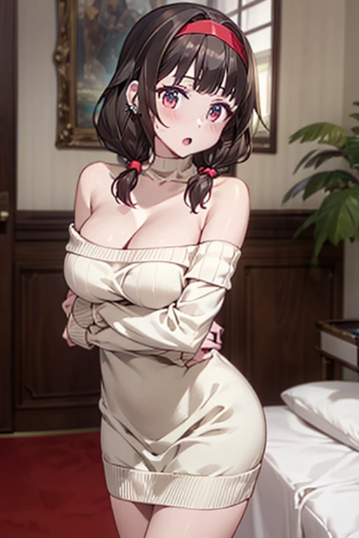 masterpiece, yor, 1girl, Bust A Cup, Amazing Cleavage:1.0, thin waist, big ass, Raised sexy, medium breast: 1.6 posed cleavage:1.2、solo, looking at viewer, open mouth, black hair, red eyes, dress, bare shoulders, jewelry, collarbone, sidelocks, hairband, earrings, indoors, off shoulder, :o, sweater, arms behind back, plant, short hair with long locks, white hairband, off-shoulder dress, sweater dress, off-shoulder sweater, red sweater, big side hair, very long side hair,is rendered in (masterpiece: 1.2, best quality), with (ultra high resolution) and an exquisite (depth of field). This masterpiece is not only visually stunning but also tells