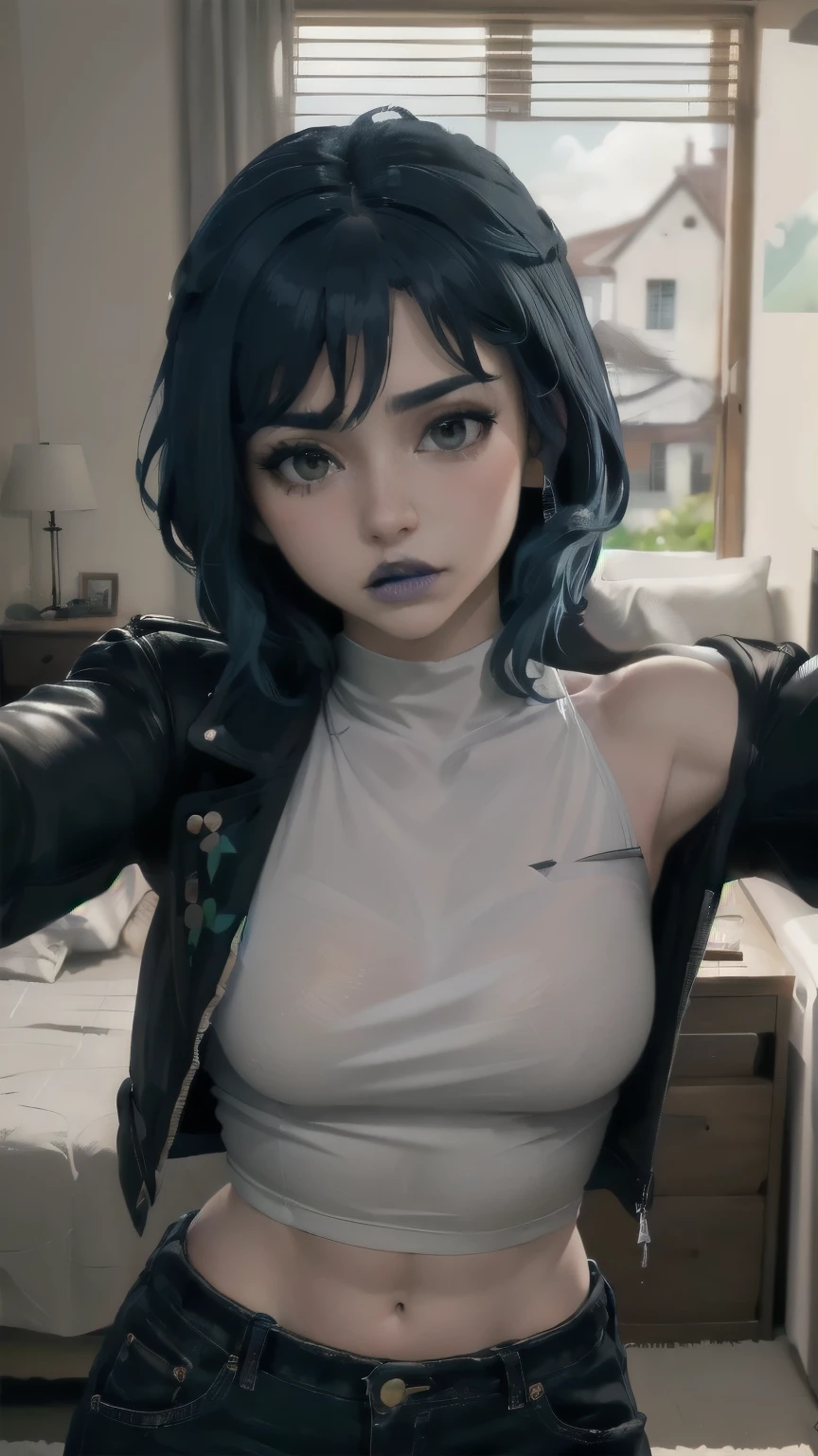 (masterpiece,best quality,absurdres,beautiful,sharp,detailed),cinematic angle,1girl,hopefn, blue lips, navel, blue hair, jacket, in a bedroom, upper body, kabedonpov, grabbing veiwer pov, closer to the pov, 