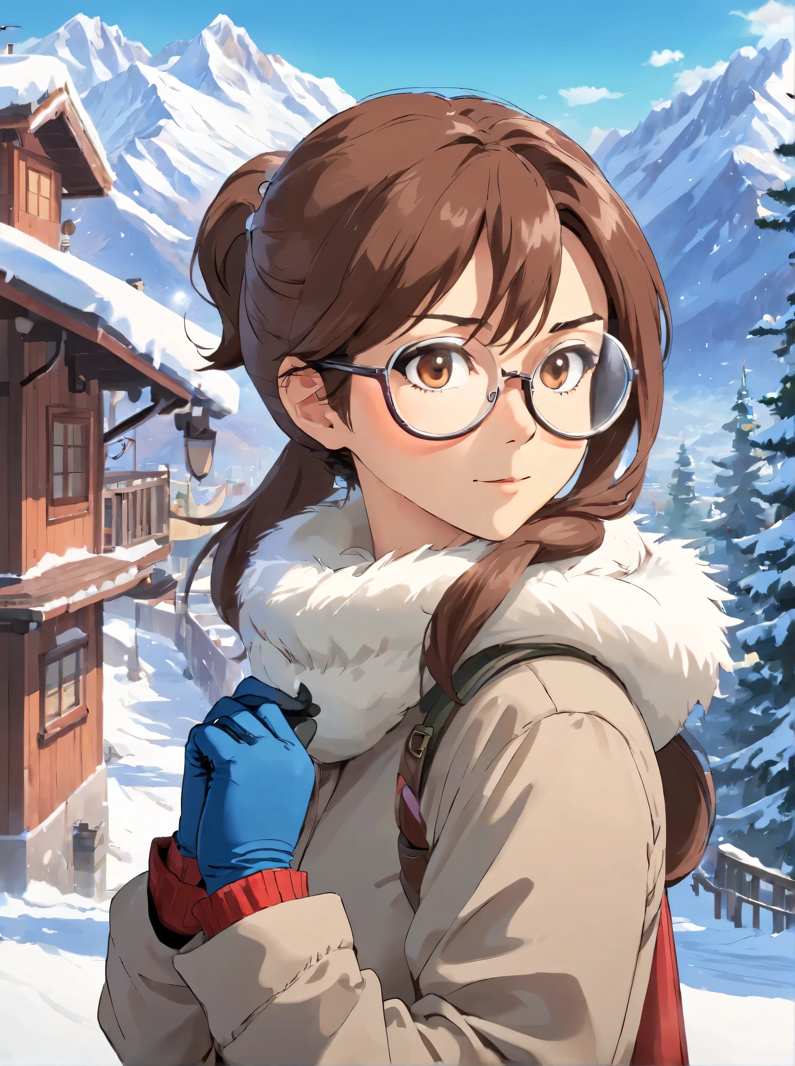 1girl solo focus, 40 years old mature woman, (Ponytail hair, brown hair color), (wearing winter outfit, googles, gloves :1.3), buff muscular physique:1.3, (flat chest:1.3), 16K, HD, ultra quality image, extremely detailed, ultra quality eyes, mediums shots, (outside Ski Resort), ski, (snowy alps background:1.3)