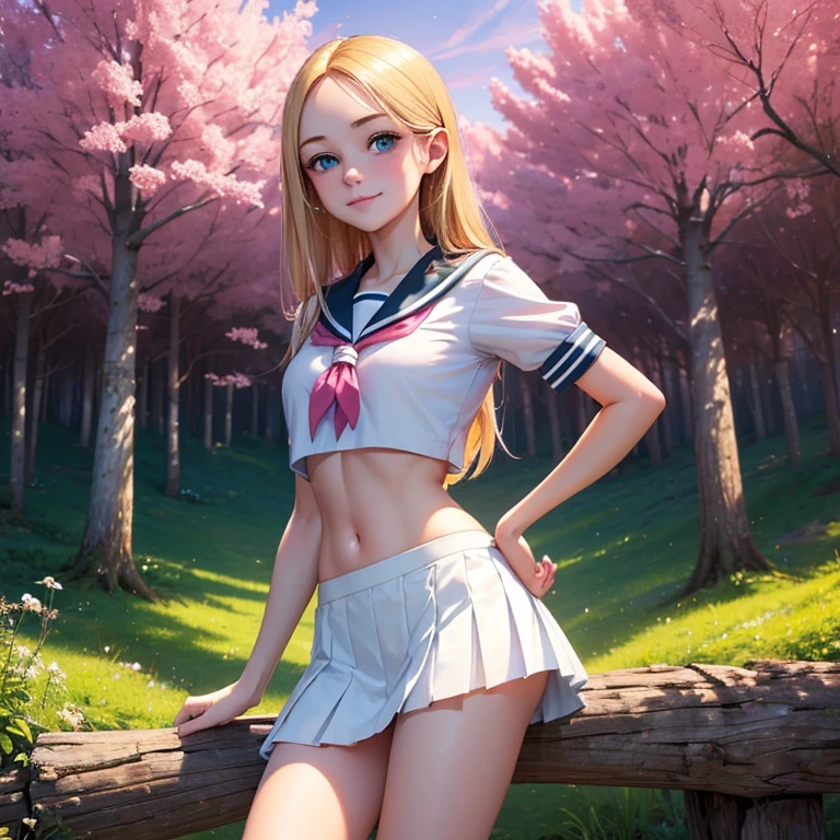 (masterpiece, best quality:1.4), (8K), Young blonde beauty, (((18 years old, neat girl))), detailed blue eyes, long eyelashes, blush, kind smile, upper body, sailor uniform top, crop top, small ass, slender thin legs, pink skirt, (looking at viewer), beautiful blonde hair, white-skinned, long hair, bangs, (medium size breasts), (mushroom forest, celestial forest, beautiful and magnificent pink sunshine, majestic sky), colorful natural light)