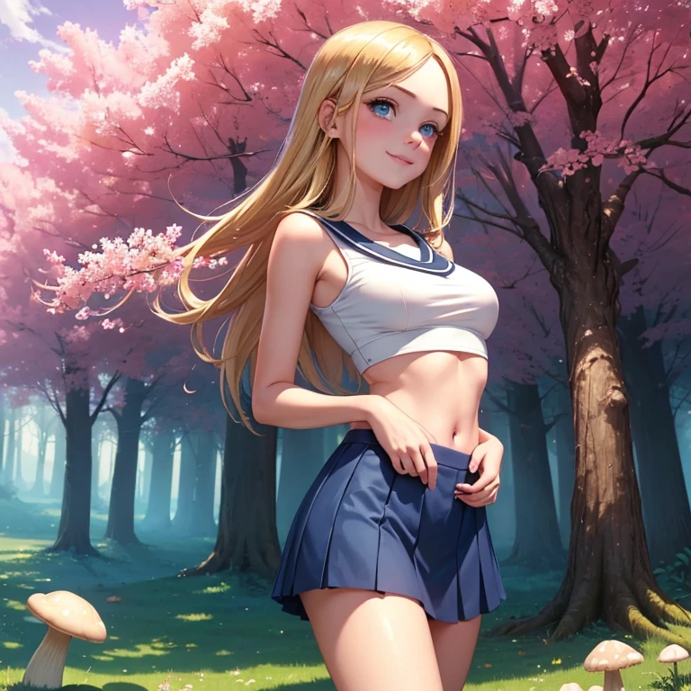 (masterpiece, best quality:1.4), (8K), Young blonde beauty, (((18 years old, neat girl))), detailed blue eyes, long eyelashes, blush, kind smile, topless small breats, small ass, very thin legs, pink skirt, (from side) (looking at viewer), beautiful blonde hair, white-skinned, long hair, parted bangs, (small breasts), (mushroom forest, celestial forest, beautiful and magnificent sunshine, majestic sky), colorful natural light)