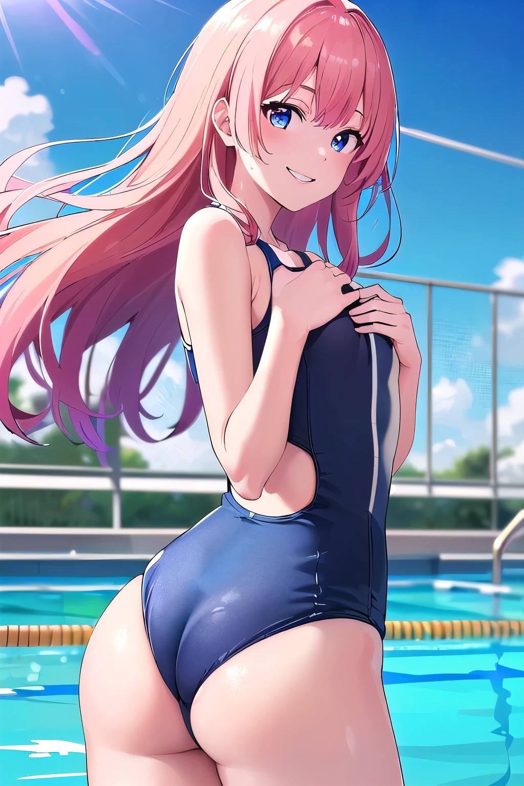 (8K, top-quality, masterpiece:1.2), Super Detail, One girl, (Highly detailed), (beautifully detailed eyes), (of the highest quality), (super detailed ), (masterpiece), (Detailed face), 20yr old, 1 girl, ((pink hair,long hair)), medium breasts, clothed, Perfect Lighting, BREAK, (navy blue school swimsuit:1.5), (Swimsuit:1.4), (white line on chest and butt:1.4), (glossy suimsuit:1.4), (school name or class name on front:1.3), (white star on left breast:1.3), BRAKE, (camera angle from below:1.2), (smiling with teeth:1.3), (pulling swimsuit on chest and butt:1.4), (right leg forward:1.2), (school pool with blue water:1.3), (bright sunlight:1.4)