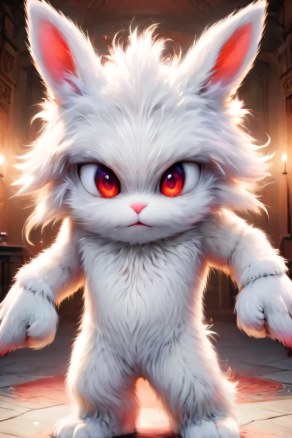 fantasy art , 8K, HD, Creature magic,white,red eyes,male,cute,pretty,monster,bunny,standing,anthro,white furry,looking in the camera,fluffy hands