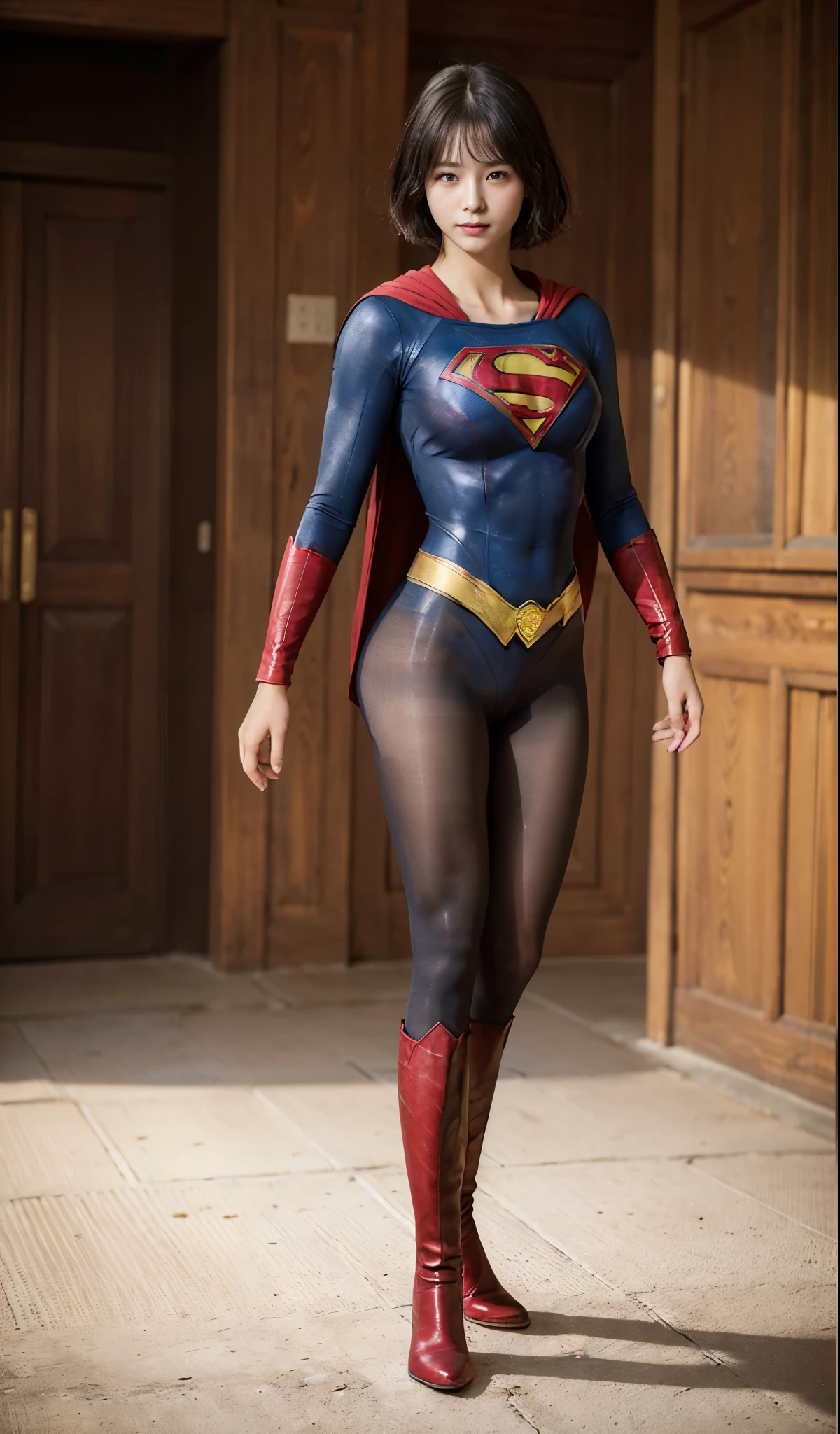 No background、(((Beautiful legs in black tights.)))、(((Legally express the beauty of your smile)))、((((Make the most of your original images)))、(((Supergirl Costume)))、(((Beautiful boyish short hairstyle)))、(((suffering)))、(((Please wear black tights....、Wear red boots)))、((Best image quality、8k))、((highest quality、8k、masterpiece:1.3))、(((Preserve background )))、Sharp focus:1.2、Beautiful woman with perfect figure:1.4、Slim Abs:1.2、Wet body:1.5、Highly detailed face and skin texture、8k