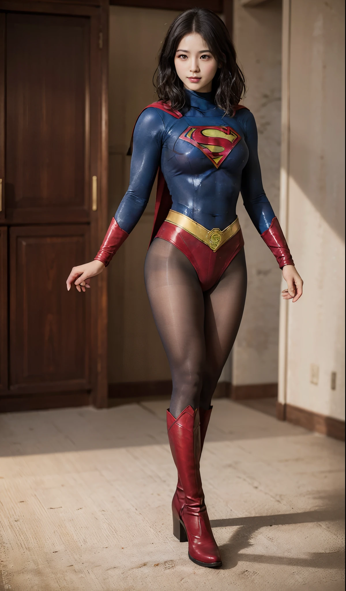 No background、(((Beautiful legs in black tights.)))、(((Legally express the beauty of your smile)))、((((Make the most of your original images)))、(((Supergirl Costume)))、(((Beautiful boyish short hairstyle)))、(((suffering)))、(((Please wear black tights....、Wear red boots)))、((Best image quality、8k))、((highest quality、8k、masterpiece:1.3))、(((Preserve background )))、Sharp focus:1.2、Beautiful woman with perfect figure:1.4、Slim Abs:1.2、Wet body:1.5、Highly detailed face and skin texture、8k