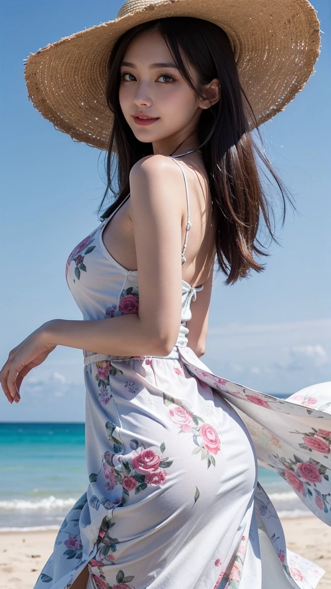 Top-quality Realistic,Official art,Highly detailed CG Unity 8k wallpaper,ultra-detailliert,hight resolution,Physically-based rendering,Magnificat,finely detail,masterpiece,Best Quality,ultra detailed,Mature beauty,Beautiful women,1girl,moist lips,sexy lips,Sexy smile,Gentle smile, 20 years old, Beautiful bare skin,Smooth bare skin, big well-shaped breasts,beautiful Mature body,swept bangs,(Medium hair:1.3), beautiful detailed eyes,model shoot style,Japanese Idol,Half-body,(beautiful white sandy beach),BREAK,(Long dress with floral print on white fabric:1.3),(wide brimmed straw hat),walking model pose,Delicately expressed eyes,cute smile,shoot from front,Walking on the edge of the surf,standing, legs, stretch legs, hip, from behind, (Booty pose), (Extreme close-up to face),