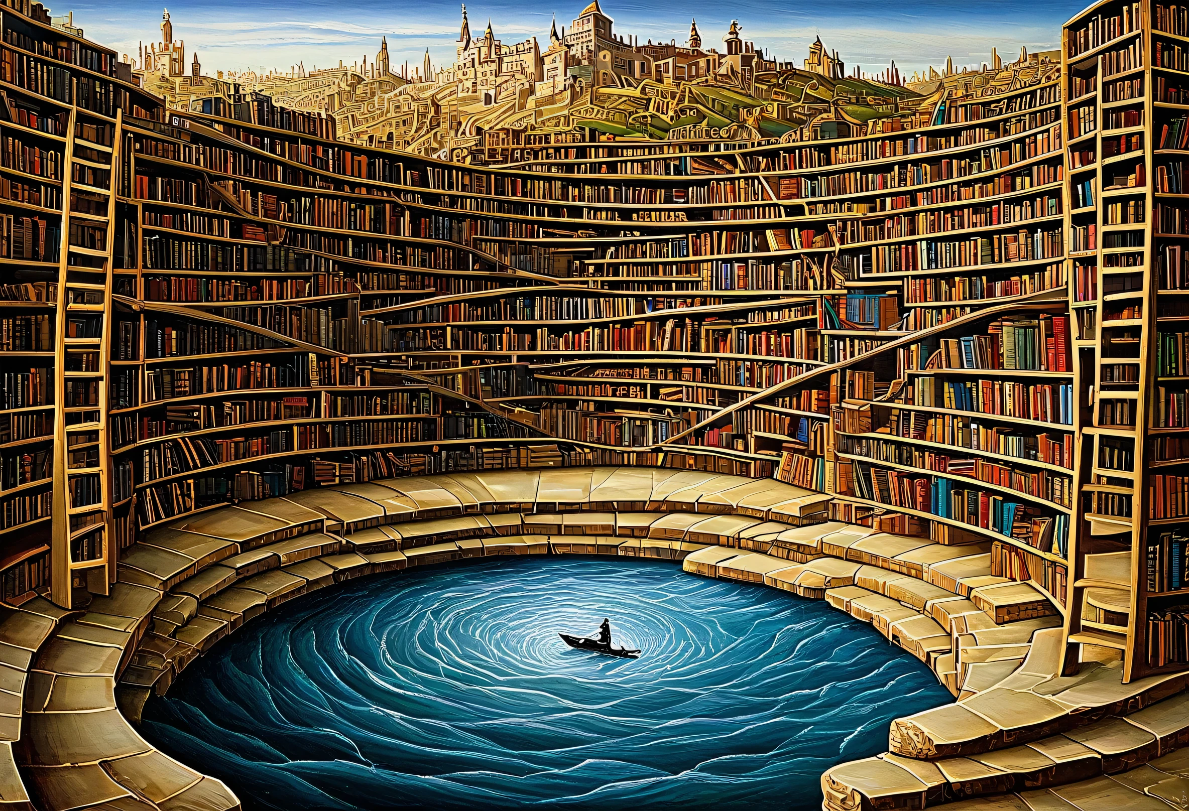A picture of a bookshelf with a river in the middle, inspired by Jacek Yelka, by Jacek Yelka, Jacek Jelka and Vladimir Kusz, Infinite Book, Library of Babel, Rob Gonsalves and Tim White, Infinite Library, the Library of Babel, Surreal oil painting, The Eternal Library, Alexander Kucharsky