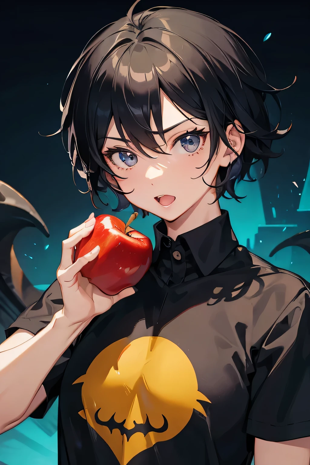 Man, black hair, short hair, black eyes, dragon tail, blue t-shirt, short sleeves, black gloves, eating an apple, anime, black background, villain, siting, open mouth