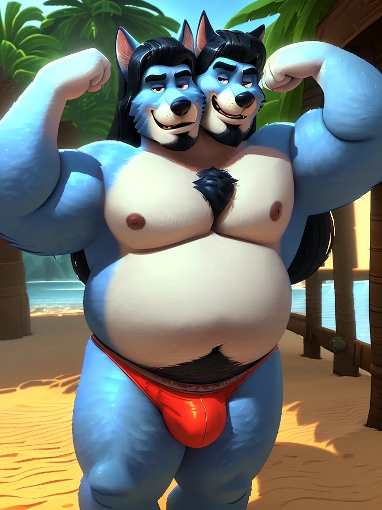 solo, three headed blue fox, fox tail:1.3, (identical:1.3), (adult male, 50 year old male, (stylized 3d, by disney, by rembrandt), by pixar:1.1, by dramamine, (fat, dadbod, chubby, long black hair, goatee, blue fur, white belly, white chest, old, ugly), beach background, (thong, bulge, navel, nipples), correct hands, correct anatomy, (detailed eyes:1.2, cartoon eyes:1.2, small dark pupils, masculine eyes), (ultradetailed, best quality, detailed masterpiece, highly detailed masterpiece, 4k, professional cartoon:1.7), ((flexing:1.3, natural pose:1.3, nuanced expressions:1.3))