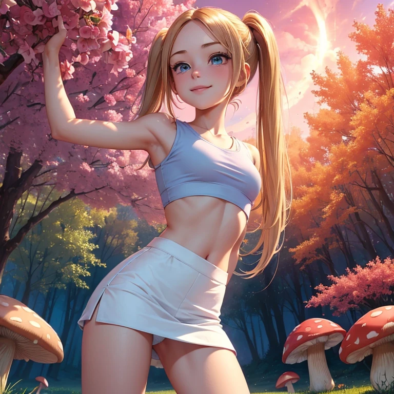 (masterpiece, best quality:1.4), (8K), Young blonde beauty, (((18 years old, neat girl))), detailed blue eyes, long eyelashes, blush, kind smile, upper body, sailor uniform top, crop top, pink skirt, small ass, slender thin legs, (looking at viewer), beautiful blonde hair, white-skinned, long hair, bangs with pigtails, (medium size breasts), (mushroom forest, celestial forest, beautiful and magnificent pink sunshine, majestic sky), colorful natural light)
