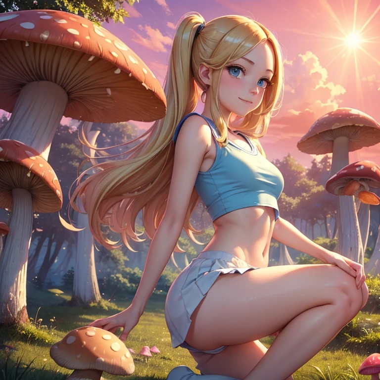 (masterpiece, best quality:1.4), (8K), Young blonde beauty, (((18 years old, neat girl))), detailed blue eyes, long eyelashes, blush, kind smile, upper body, sailor uniform top, crop top, pink skirt, small ass, slender thin legs, (looking at viewer), beautiful blonde hair, white-skinned, long hair, bangs with pigtails, (medium size breasts), (mushroom forest, celestial forest, beautiful and magnificent pink sunshine, majestic sky), colorful natural light)