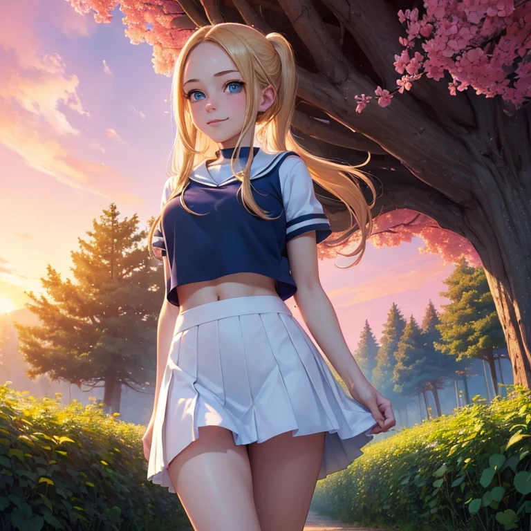 (masterpiece, best quality:1.4), (8K), Young blonde beauty, (((18 years old, neat girl))), detailed blue eyes, long eyelashes, blush, kind smile, upper body, sailor uniform top, crop top, pink skirt, small ass, slender thin legs, (looking at viewer), beautiful blonde hair, white-skinned, long hair, bangs with pigtails, (medium size breasts), (mushroom forest, celestial forest, beautiful and magnificent pink sunshine, majestic sky), colorful natural light)