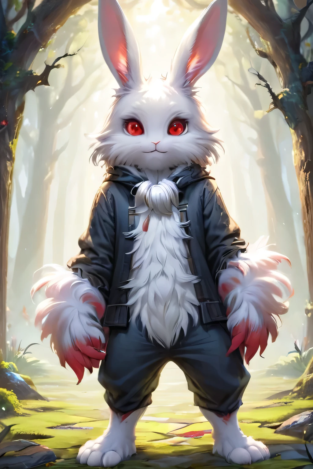 fantasy art , 8K, HD, Creature magic,white,red eyes,male,cute,pretty,monster,bunny,standing,anthro,white furry,looking in the camera,fluffy hands