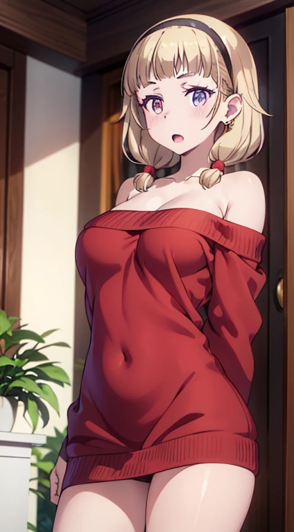 masterpiece, yor, 1girl, Bust A Cup, Amazing Cleavage:1.0, thin waist, big ass, Raised sexy, medium breast: 1.0 posed cleavage:1.2、solo, looking at viewer, open mouth, black hair, red eyes, dress, bare shoulders, jewelry, collarbone, sidelocks, hairband, earrings, indoors, off shoulder, :o, sweater, arms behind back, plant, short hair with long locks, white hairband, off-shoulder dress, sweater dress, off-shoulder sweater, red sweater, big side hair, very long side hair,is rendered in (masterpiece: 1.2, best quality), with (ultra high resolution) and an exquisite (depth of field). This masterpiece is not only visually stunning but also tells