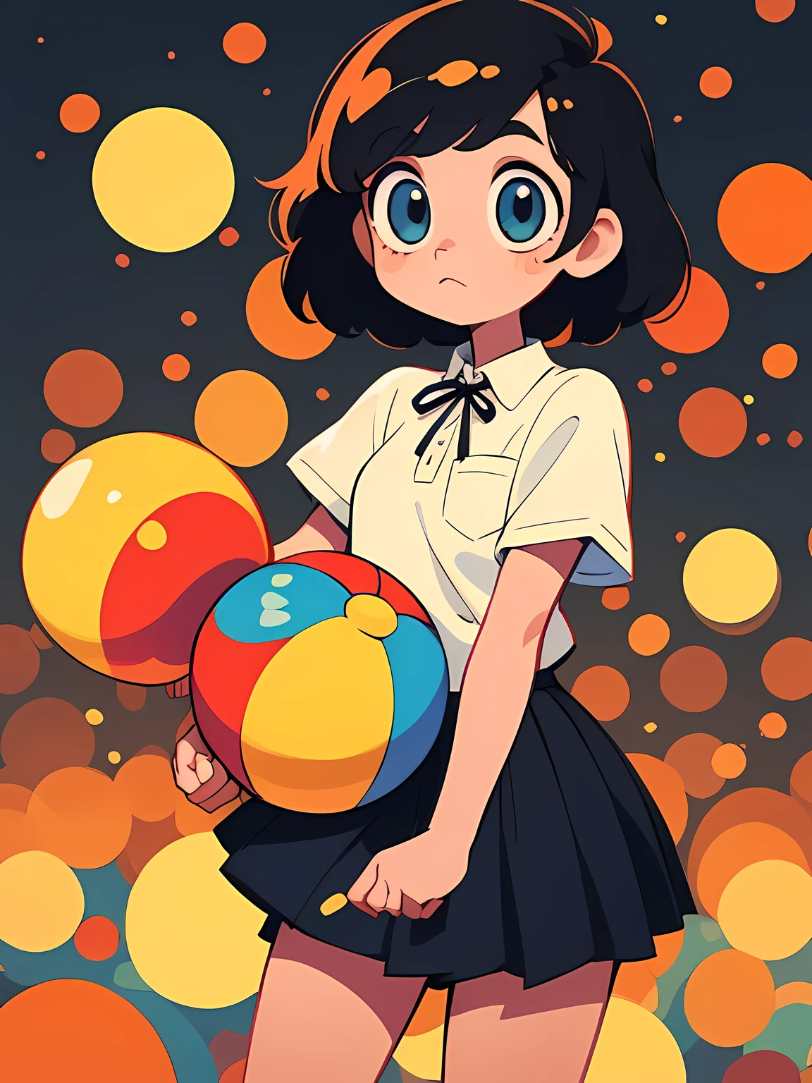 Woman with short black hair、White shirt with ribbon、Pleated mini-skirt、portlate、natta、A lot of colorful ball bokeh in the background