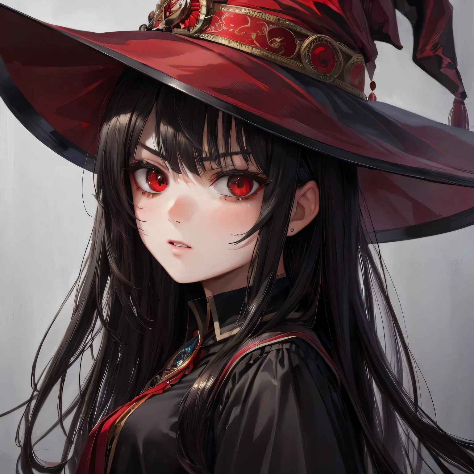 best quality,ultra-detailed,realistic,portrait,red-eyed girl:1.2,black-haired girl:1.1,serious expression,,high school setting,witch hat with red details,teenage girl:1.1