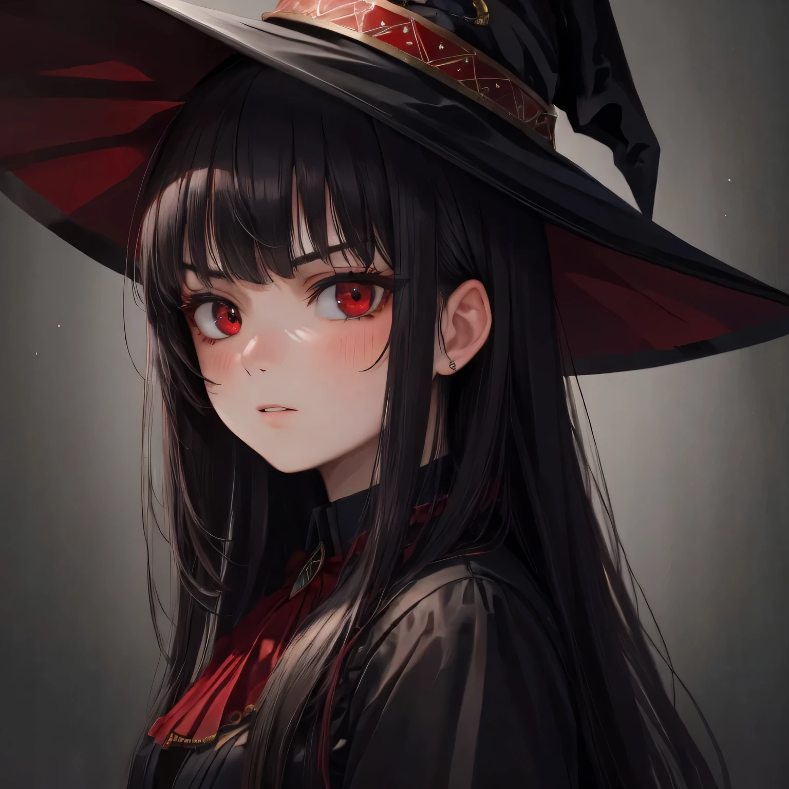 best quality,ultra-detailed,realistic,portrait,red-eyed girl:1.2,black-haired girl:1.1,serious expression,,high school setting,witch hat with red details,teenage girl:1.1