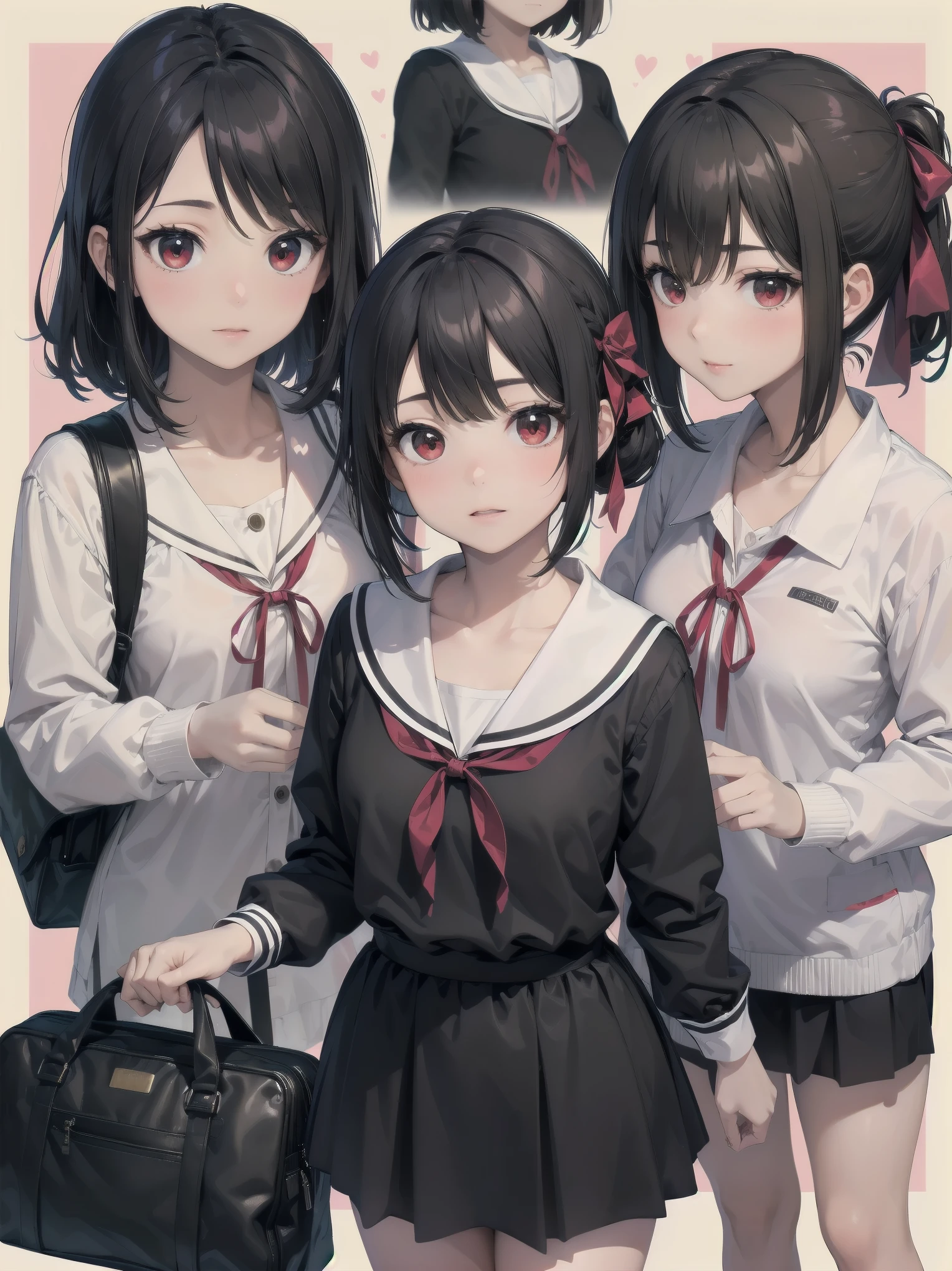 Masterpiece, top quality, super detailed, 16k, One girl, spring, high school, warm colors, school bag, accurate and highly detailed background, flock of schoolgirls in uniforms of various body shapes and hairstyles, cute. Blake. kaguya shinomiya, red eyes, black hair, ribbon, red ribbon, hair ribbon, parted bangs, folded ponytail, , shuuchiin academy , dress, sidelocks, breasts, black dress, collarbone, short hair, long sleeves
