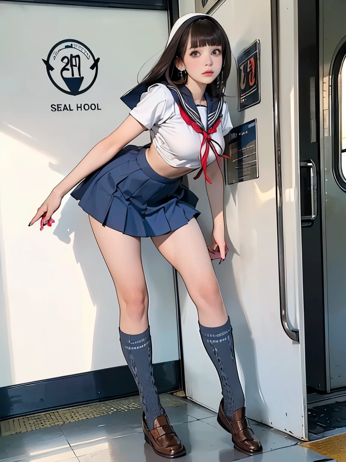 ((((highest quality))))、(((Ultra-precision CG16K wallpaper)))、(((masterpiece)))、(((Super detailed)))、(((Extreme detail)))、((1Mature 29 year old woman:1.6))、((Very beautiful Japanese faces))、((Yua Mikami:1.5))、((Straight medium hair、blunt bangs:1.5))、(Shiny brown hair)、Beautiful delicate brown eyes、eyeliner、eye shadow、High nose、Small nostrils、Small Mouth、Seductive lips、Beautiful breasts、((C cup size breasts))、Cleavage、Voluptuous body、eight-headed body、Perfect proportions、Perfect Anatomy、Perfect composition、Beautiful detailed shading、Beautiful, natural lighting、Beautiful detail glow、Depth of written boundary、(((High chroma)))、(((Real:1.9)))、((vivid:1.5))、((Beautiful Skin))、((Skin Texture))、((Realな皮膚感))、(((Full body shot:1.6)))、((Front view、Front low angle:1.6))、(((Confused face:1.4)))、(Woman is facing the front:1.6)、Bright daylight、Natural light、(((Inside the train:1.6)))、(Standing pose:1.5)、(((High school girl wearing sailor uniform:1.6)))、((Earrings、Wearing a hair band:1.3))、(((Knee-high socks、Loafers:1.6)))、