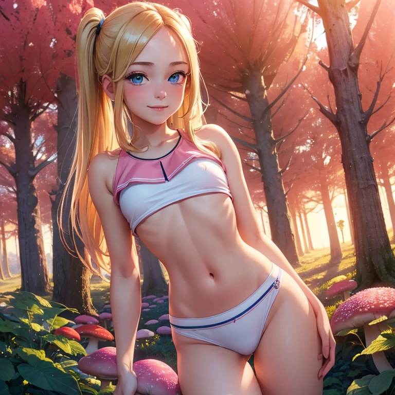 (masterpiece, best quality:1.4), (8K), Young blonde beauty, (((18 years old, neat girl))), detailed blue eyes, long eyelashes, blush, kind smile, upper body, pink and white sailor uniform top, crop top, underboob, small ass, slender thin legs, (looking at viewer), beautiful blonde hair, white-skinned, long hair, bangs with pigtails, (medium size breasts), (mushroom forest, celestial forest, beautiful and magnificent pink sunshine, majestic sky), colorful natural light)