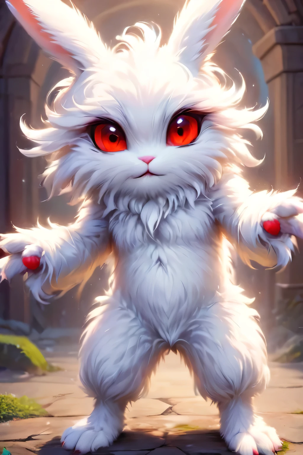 fantasy art , 8K, HD, Creature magic,white,red eyes,male,cute,pretty,monster,bunny,standing,anthro,white furry,looking in the camera,fluffy hands