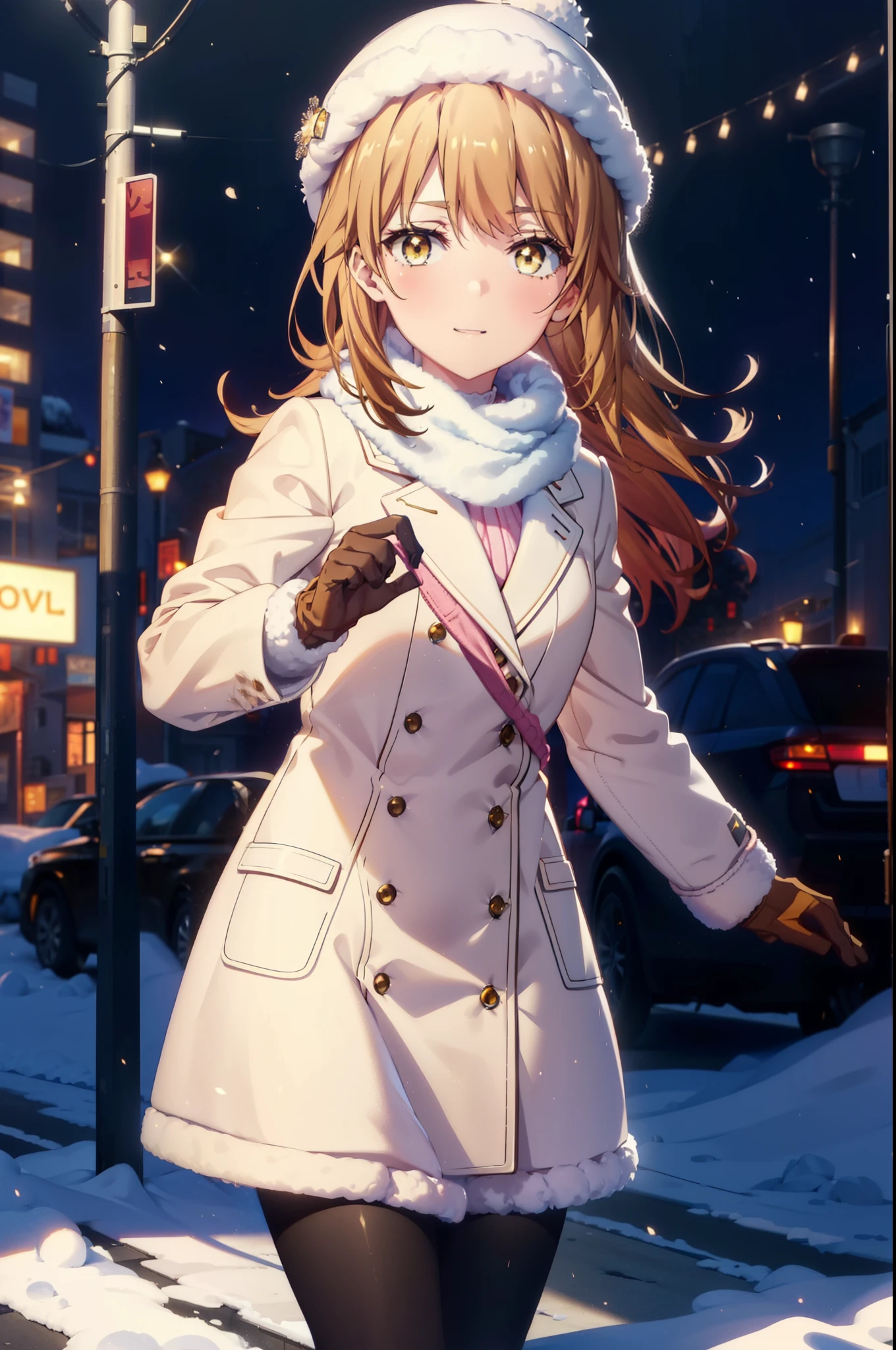 irohaisshiki, Iroha Isshiki, Long Hair, Brown Hair, (Brown eyes:1.5), Hair between the eyes, Pink Hair,happy smile, smile, Open your mouth,Knitted hat,Yellow coat,White scarf,White sweater,He has fluffy gloves on both hands..,Long skirt,Black pantyhose,short boots,Shirogane World,Snow is piled up,it&#39;s snowing,It&#39;s snowing,winter,Cold Sky,moonlight,full moon,night,
break looking at viewer, whole body, Upper Body,(Cowboy Shot:1. 5)
break outdoors, city,Building Street,
break (masterpiece:1.2), highest quality, High resolution, unity 8k wallpaper, (shape:0.8), (Fine and beautiful eyes:1.6), Highly detailed face, Perfect lighting, Highly detailed CG, (Perfect hands, Perfect Anatomy),