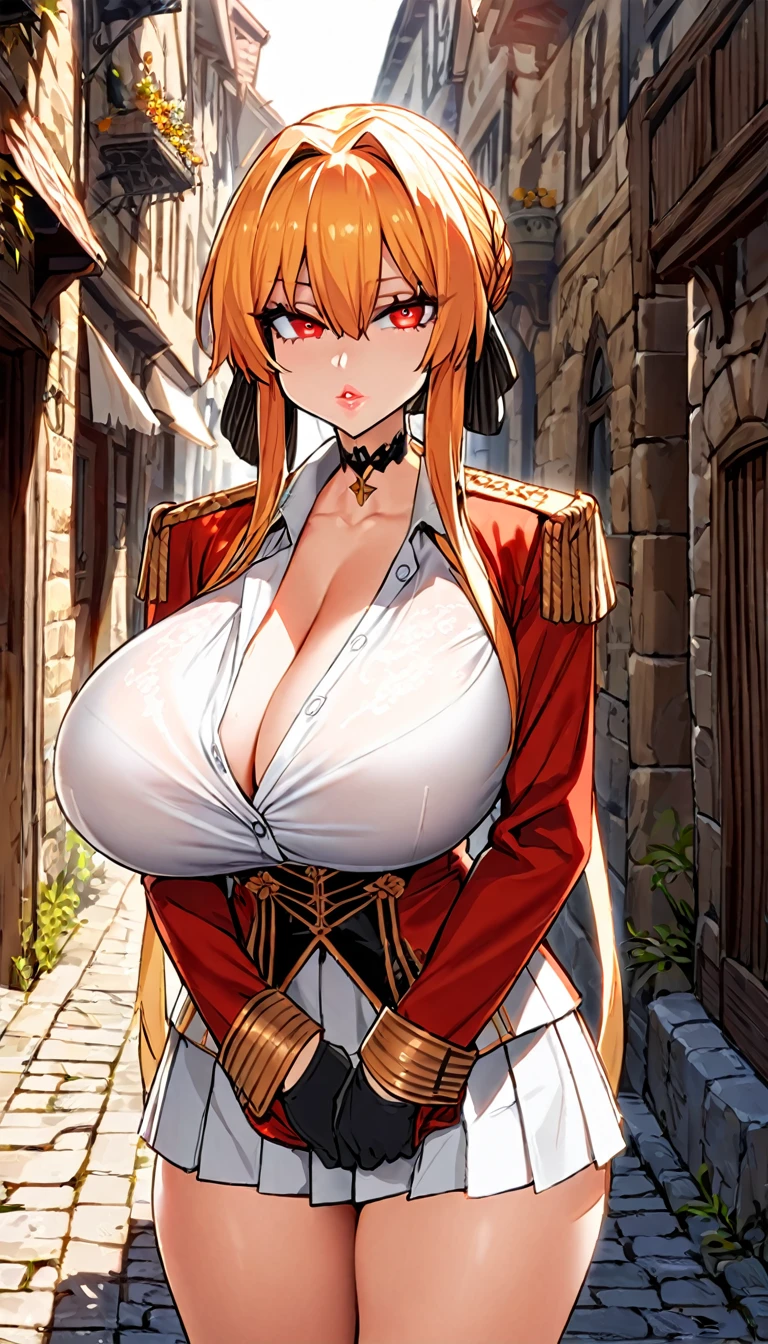 monarch \(azur lane\), \(azur lane\), 1girl, blond hair, red eyes, thick lips, masterpiece, best quality, highres, huge breasts, black bra, bra peek, looking at viewer, expressionless, cleavage, collar bone, tight white shirt, unbuttoned shirt, collared shirt, military uniform, red_military_jacket, sleeves_past_wrists, black gloves, black choker, white skirt, pleated skirt, panythose, skinny, posing, medieval streets at a sunny day, clouds, backlighting