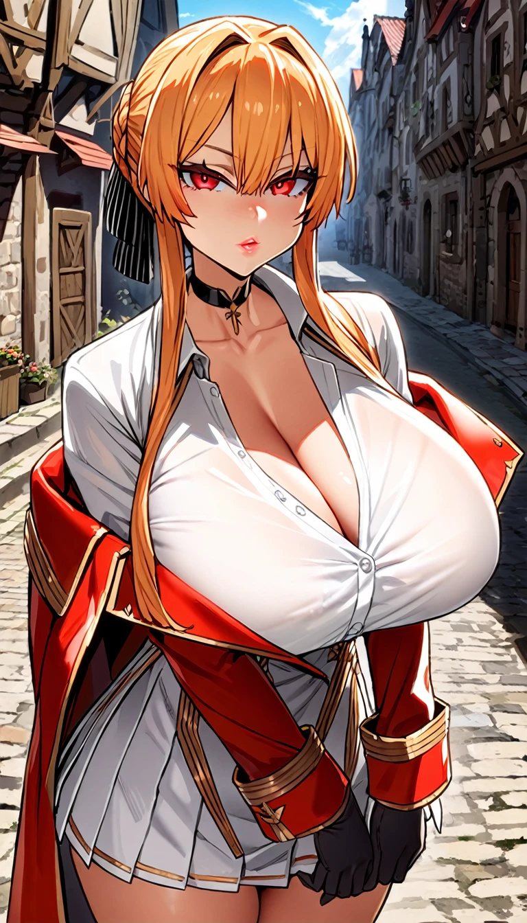 monarch \(azur lane\), \(azur lane\), 1girl, blond hair, red eyes, thick lips, masterpiece, best quality, highres, huge breasts, black bra, bra peek, looking at viewer, expressionless, cleavage, collar bone, tight white shirt, unbuttoned shirt, collared shirt, military uniform, red_military_jacket, sleeves_past_wrists, black gloves, black choker, white skirt, pleated skirt, panythose, skinny, posing, medieval streets at a sunny day, clouds, backlighting