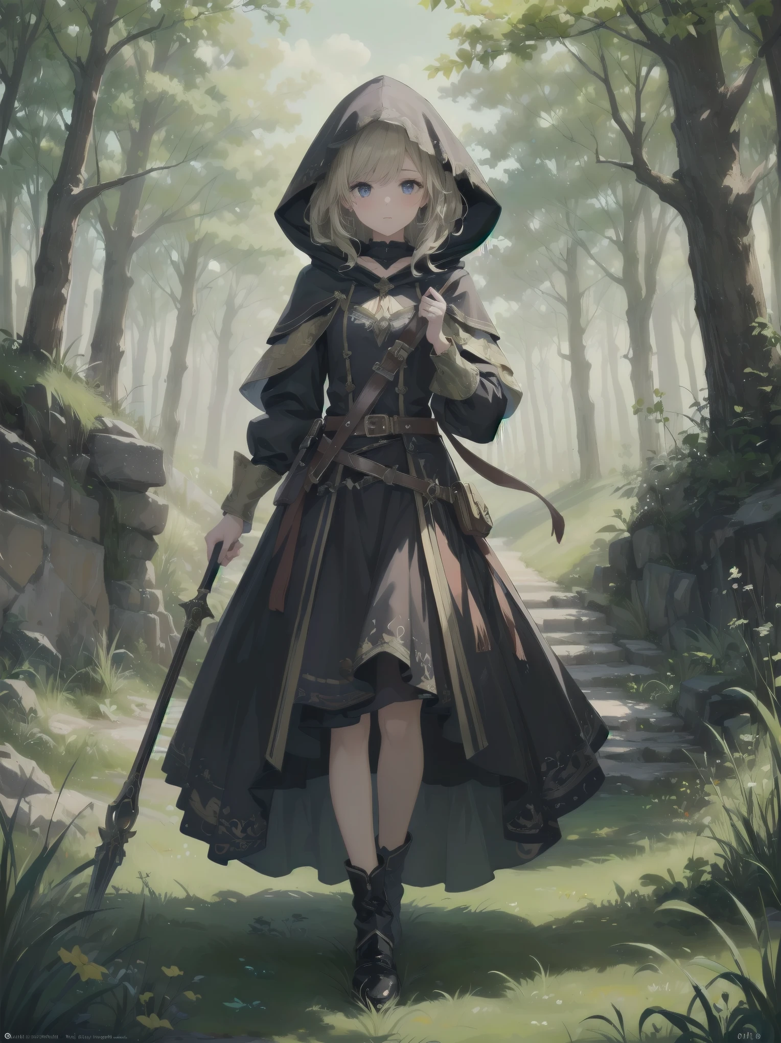 (Masterpiece, top quality, highest quality, official art, beautiful and aesthetic: 1.2), 1 girl, solo, marquise, adventurer, hood, meadow, detailed background, otherworldly fantasy with overwhelming modeling and super detailed amount of writing, one of the most powerful battle scenes, deep and detailed background, cute and beautiful girl, imaginative Cute girls, imaginative posing