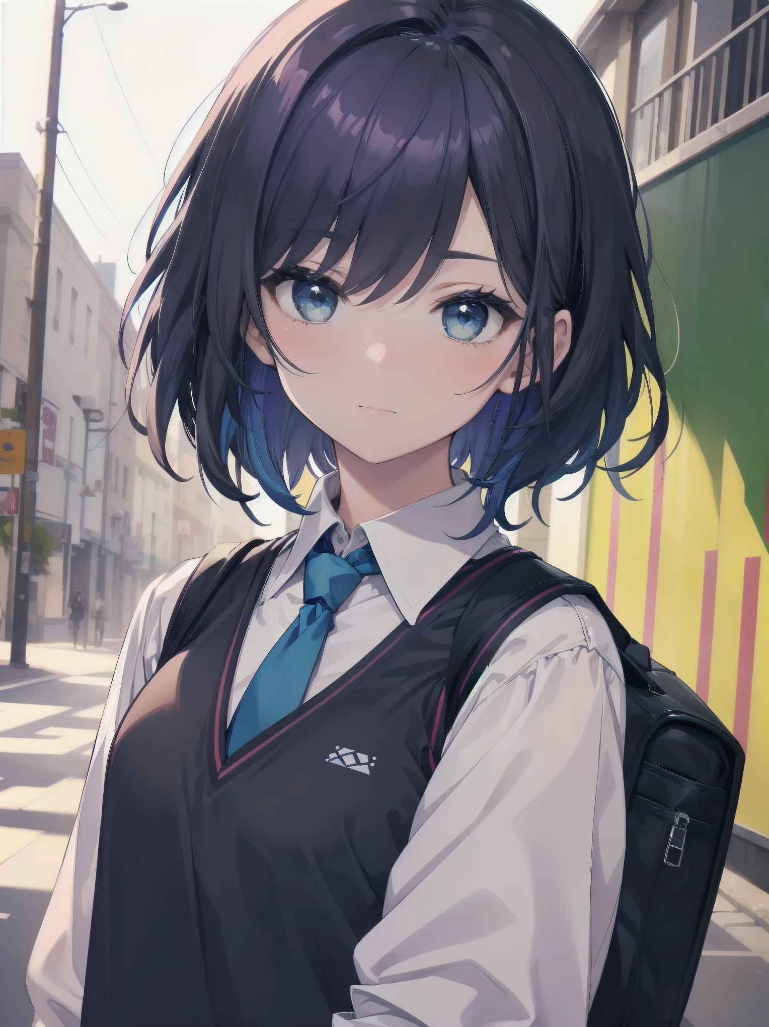 Masterpiece, top quality, super detailed, 16k, One girl, spring, high school, warm colors, school bag, accurate and highly detailed background, flock of schoolgirls in uniforms of various body shapes and hairstyles, cute. Blake. akane kurokawa, 1girl, short hair, blue hair, green eyes, black hair, medium hair, white shirt, collared shirt, , vest, white shirt, sweater vest, black vest, blue necktie, one-length bob, create bangs, add some lightness to the area around the face, and leave the ends of the hair thick throughout. dark blue-purple hair, blue eyes
