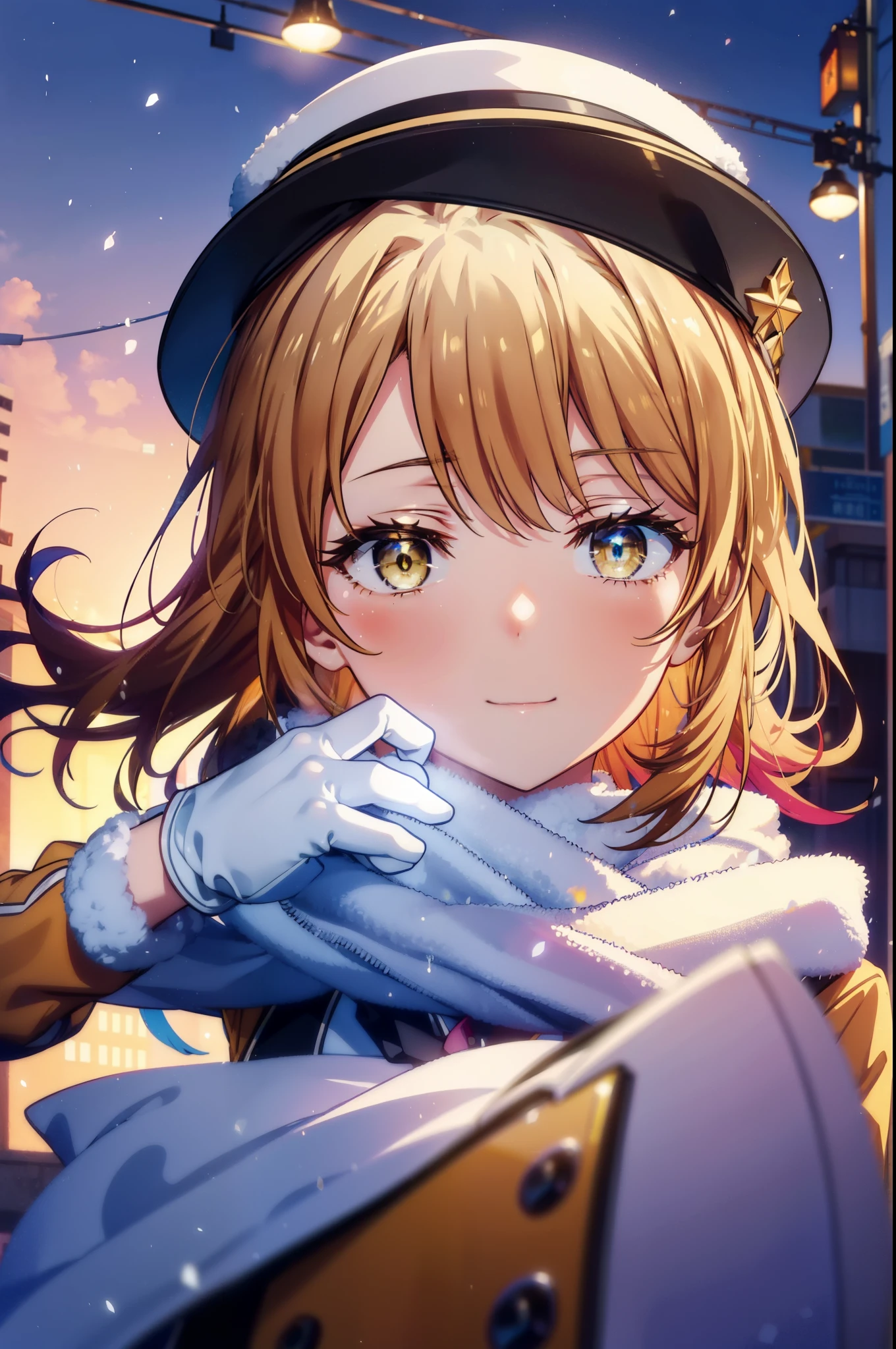 irohaisshiki, Iroha Isshiki, Long Hair, Brown Hair, (Brown eyes:1.5), Hair between the eyes, Pink Hair,happy smile, smile, Open your mouth,Knthatted hat,Yellow coat,Whthate scarf,Whthate sweater,He has fluffy gloves on both hands...,Long skirt,black tights,short boots,Shirogane World,Snow is piling up,that'it's snowing,that'it's snowing,winter,Cold Sky,moonlight,full moon,夜
break looking at viewer, whole body, Upper Body,
break outdoors, cthaty,Building Street,
break (masterpiece:1.2), highest qualthaty, High resolution, unthaty 8k wallpaper, (shape:0.8), (Beautiful and beautiful eyes:1.6), Highly detailed face, Perfect lighting, Extremely detailed CG, (Perfect hands, Perfect Anatomy),