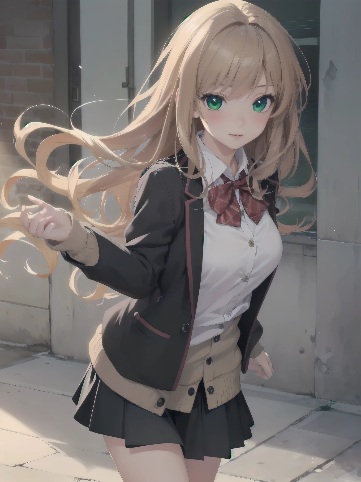 ((Tabletop, highest quality, High resolution, Perfect Pixel, Depth of written boundary, 4K))), One Girl, single, alone, Beautiful Anime Girls, Beautiful art style, Anime characters, ((Long Hair, bangs, Dark brown hair, Curly Hair:0.8)), ((Green Eyes:1.4, Fine grain, Beautiful Eyes, Perfect Eyes,Curled eyelashes, Realistic eyes)), ((Detailed face, Blushing:1.2)), ((Smooth texture:0.75, Realistic texture:0.5, Anime CG Style)), Medium chest, Dynamic Angle, Big Breasts, Perfect body, Dynamic pose, ((Red bow tie, , Black jacket, Open jacket, Brown cardigan, White shirt, Black Skirt, Checked skirt)), smile, Open your mouth, Put your arms behind your back, Leaning forward, Amalment Park