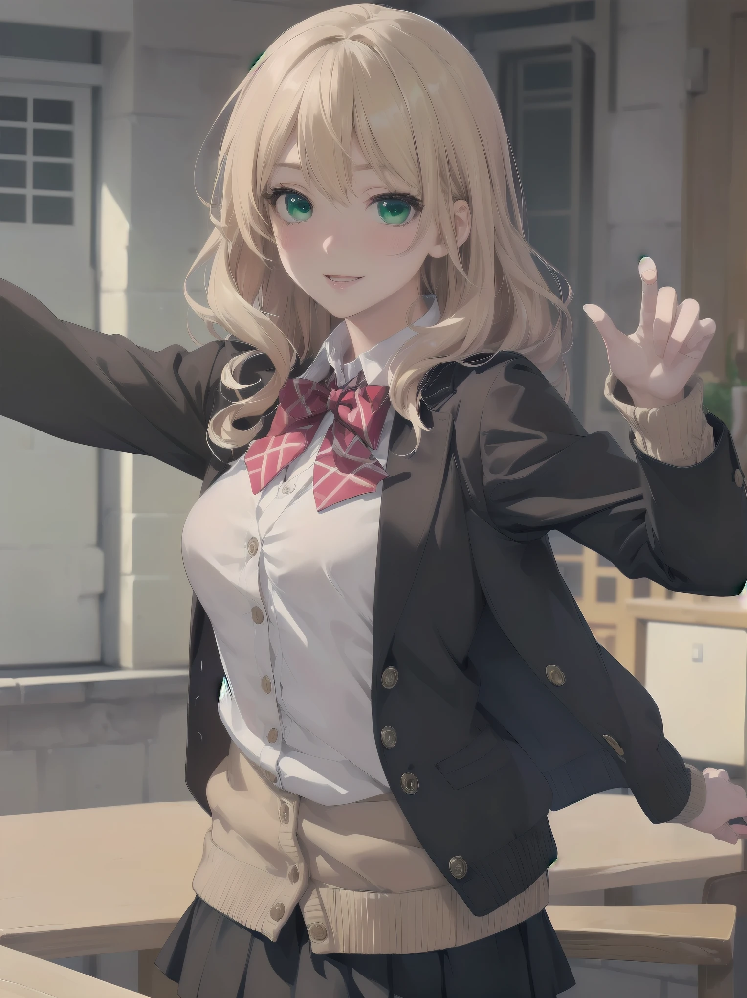 ((Tabletop, highest quality, High resolution, Perfect Pixel, Depth of written boundary, 4K))), One Girl, single, alone, Beautiful Anime Girls, Beautiful art style, Anime characters, ((Long Hair, bangs, Dark brown hair, Curly Hair:0.8)), ((Green Eyes:1.4, Fine grain, Beautiful Eyes, Perfect Eyes,Curled eyelashes, Realistic eyes)), ((Detailed face, Blushing:1.2)), ((Smooth texture:0.75, Realistic texture:0.5, Anime CG Style)), Medium chest, Dynamic Angle, Big Breasts, Perfect body, Dynamic pose, ((Red bow tie, , Black jacket, Open jacket, Brown cardigan, White shirt, Black Skirt, Checked skirt)), smile, Open your mouth, Put your arms behind your back, Leaning forward, Amalment Park
