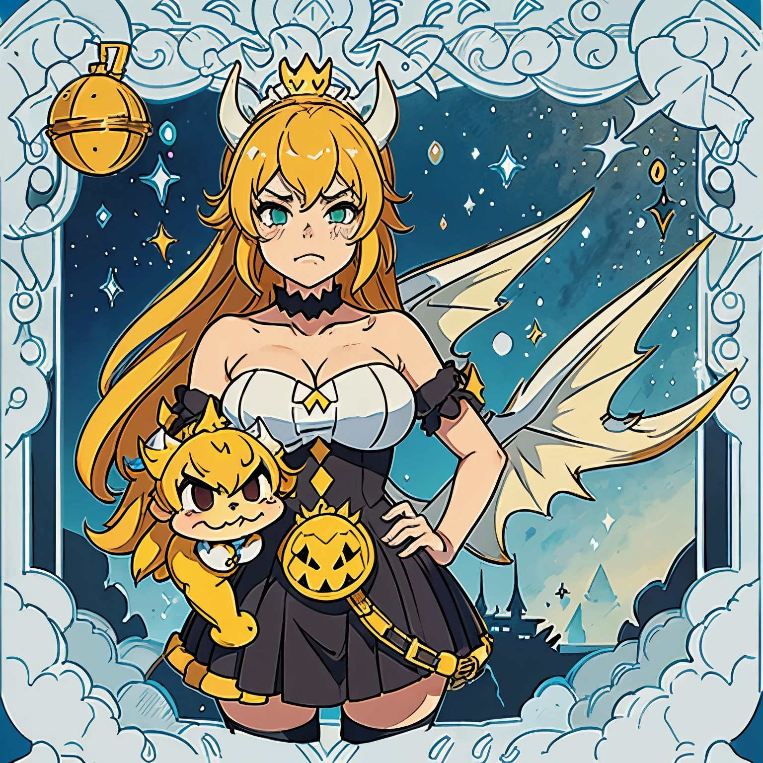 Bowsette koopa with dragon wings looking at the sky while crying 