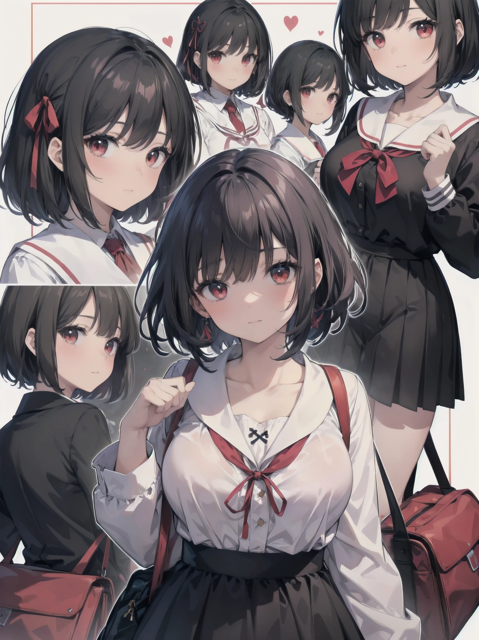 Masterpiece, top quality, super detailed, 16k, One girl, spring, high school, warm colors, school bag, accurate and highly detailed background, flock of schoolgirls in uniforms of various body shapes and hairstyles, cute. Blake. kaguya shinomiya, red eyes, black hair, ribbon, red ribbon, hair ribbon, parted bangs, folded ponytail, , shuuchiin academy , dress, sidelocks, breasts, black dress, collarbone, short hair, long sleeves