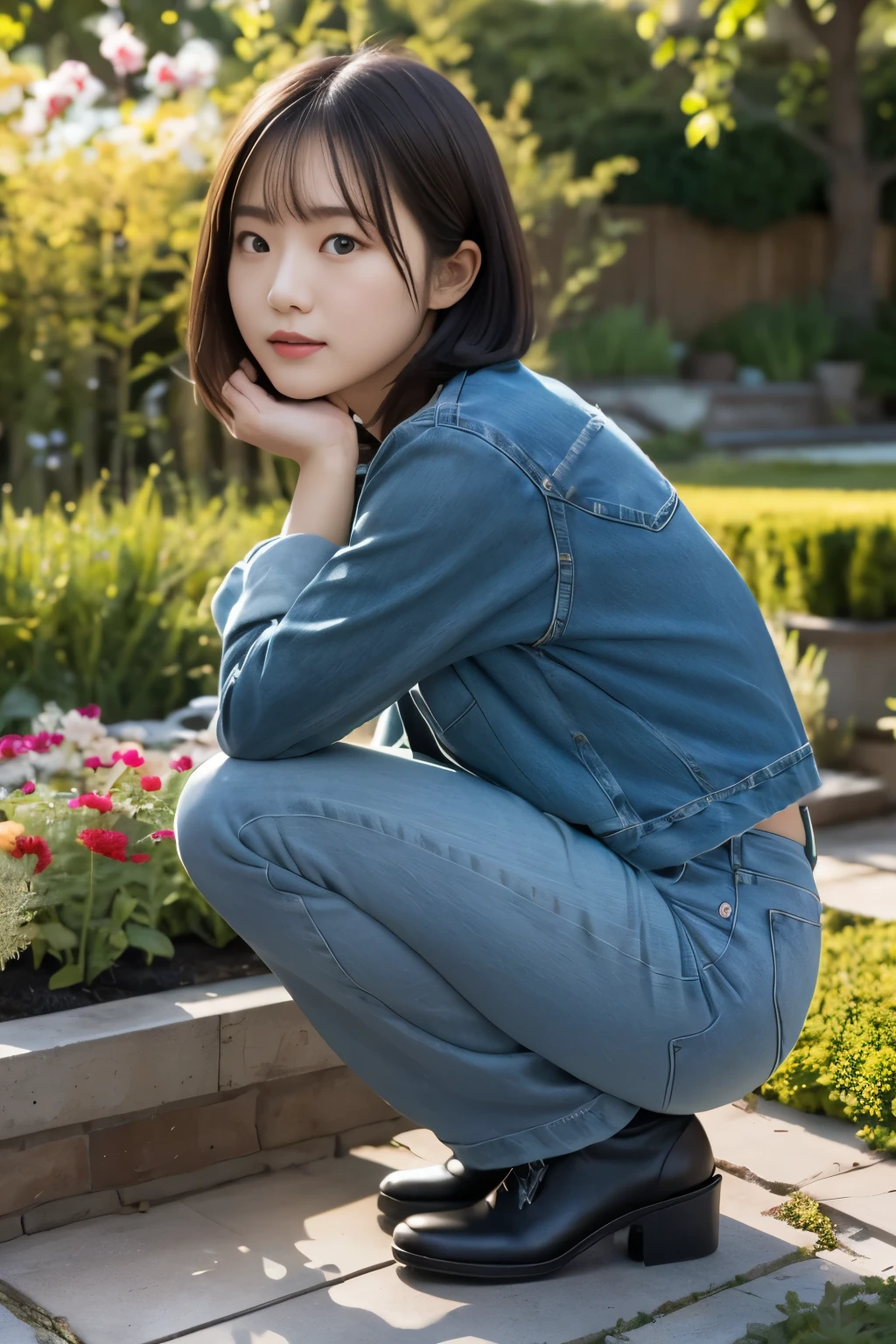 (((garden:1.3, Daytime:1.2, Photographed from the front))), ((Medium Bob:1.3, Balanced style:1.2, Denim pants:1.15, Japanese women, cute)), (clean, Natural Makeup), (highest quality, masterpiece:1.3, 超High resolution), (Very detailed, Caustics), (Realistic:1.4, RAW shooting), Very detailed, High resolution, 16K resolution