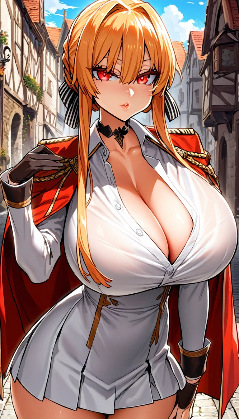 monarch \(azur lane\), \(azur lane\), 1girl, blond hair, red eyes, thick lips, masterpiece, best quality, highres, huge breasts, (black bra), bra peek, looking at viewer, expressionless, cleavage, collar bone, tight white shirt, unbuttoned shirt, collared shirt, military uniform, red_military_jacket, sleeves_past_wrists, black gloves, black choker, white skirt, pleated skirt, panythose, skinny, posing, medieval streets at a sunny day, clouds, backlighting