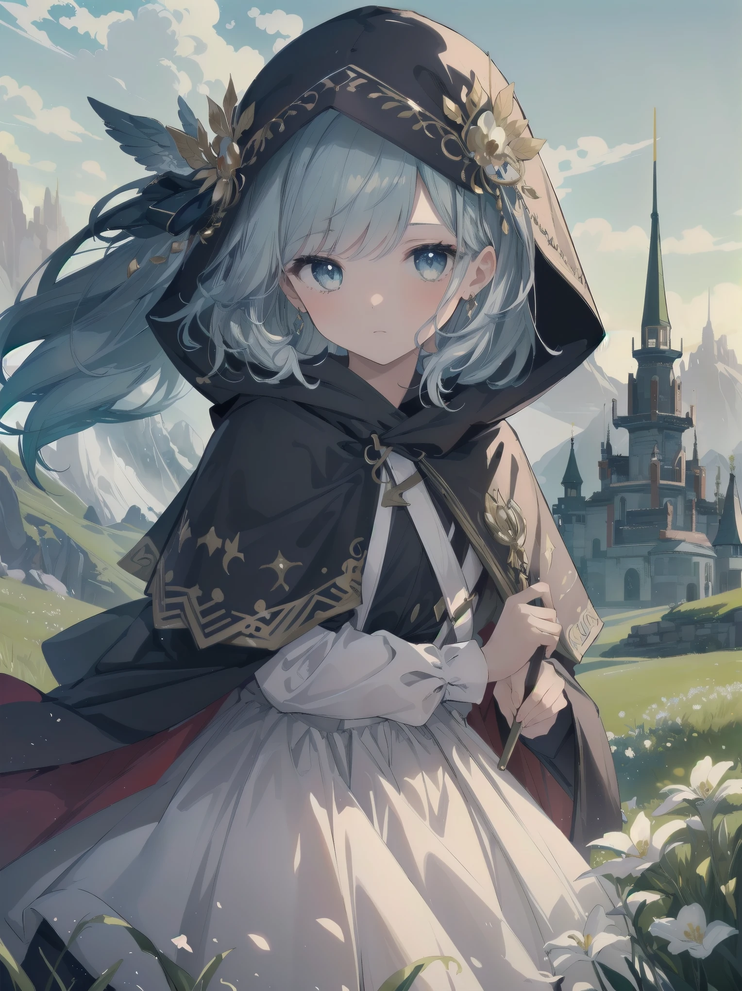 (Masterpiece, top quality, highest quality, official art, beautiful and aesthetic: 1.2), 1 girl, solo, marquise, adventurer, hood, meadow, detailed background, otherworldly fantasy with overwhelming modeling and super detailed amount of writing, one of the most powerful battle scenes, deep and detailed background, cute and beautiful girl, imaginative Cute girls, imaginative posing
