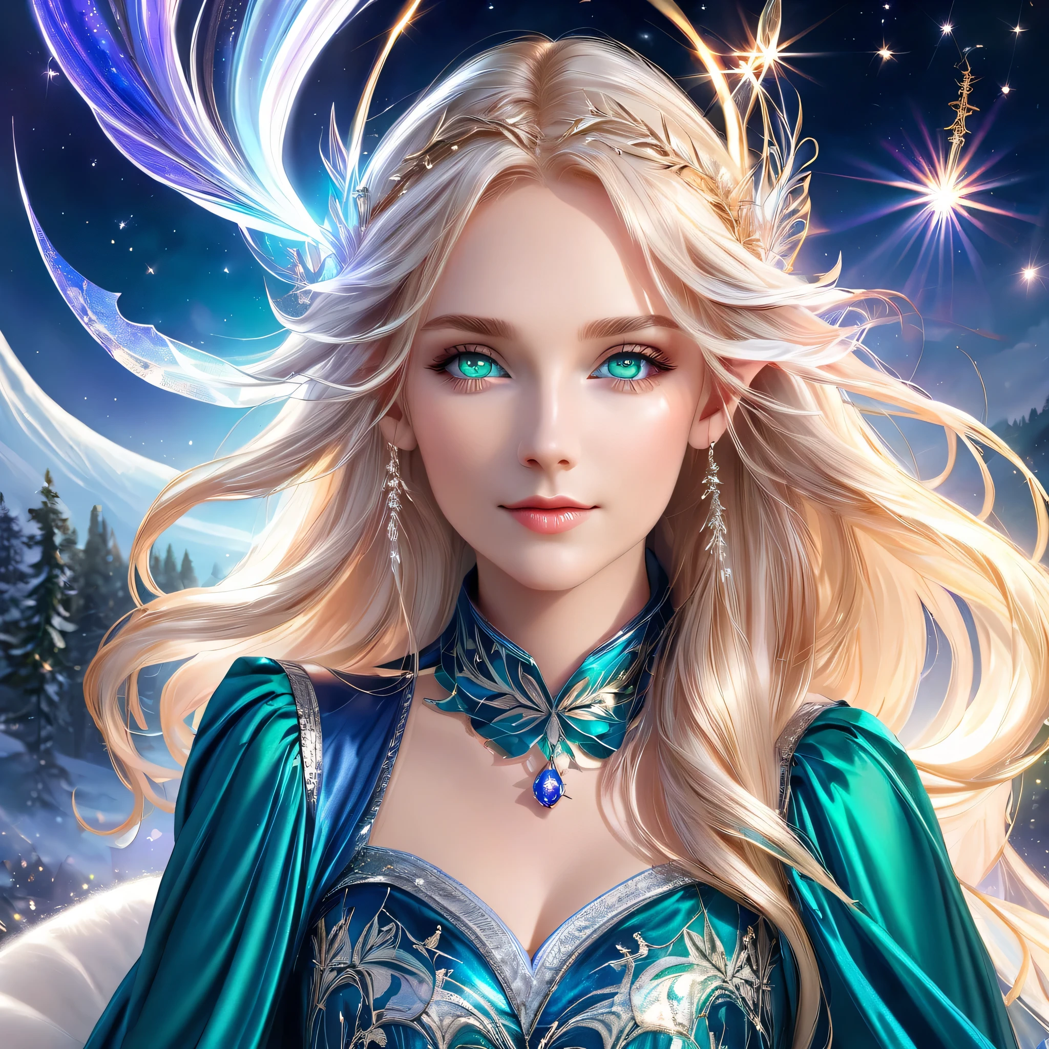 Elf, weiblich, rot-blond sehr lange Haare, Sapphire green eyes, extrem gutes Aussehen, mit guter Oberweite, ca. 22 Jahre. She is wearing a dreamy dress, es ist in Silber- und Blauer Farben gehalten. Eine magische, feengleiche Aura umgibt sie. She looked at me lovingly and wished to spend time with me. Stelle sie sehr detailliert da und sie darf gerne etwas hot sein.