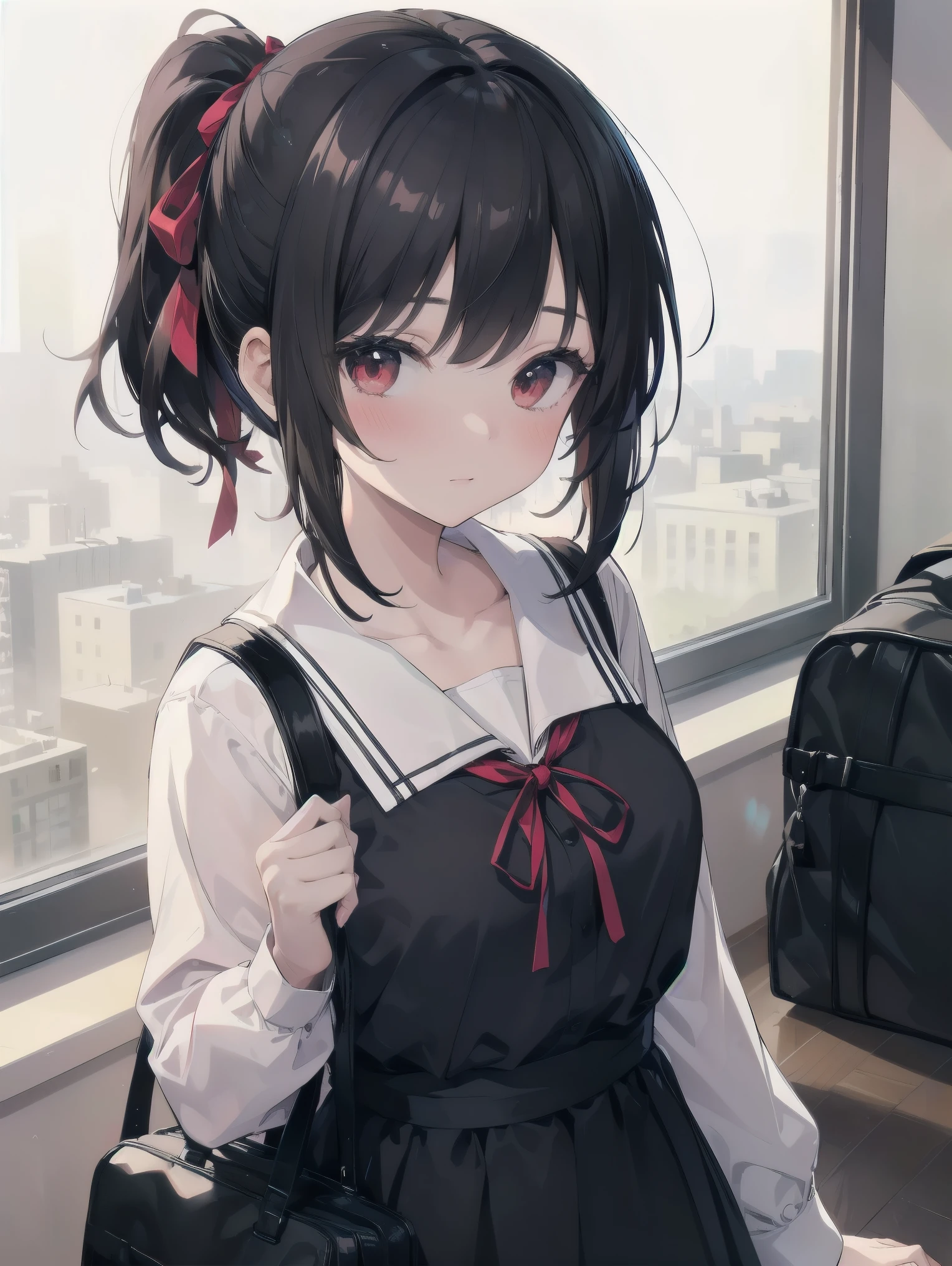 Masterpiece, top quality, super detailed, 16k, One girl, spring, high school, warm colors, school bag, accurate and highly detailed background, flock of schoolgirls in uniforms of various body shapes and hairstyles, cute. Blake. , red eyes, black hair, ribbon, red ribbon, hair ribbon, parted bangs, folded ponytail, , shuuchiin academy , dress, sidelocks, breasts, black dress, collarbone, short hair, long sleeves