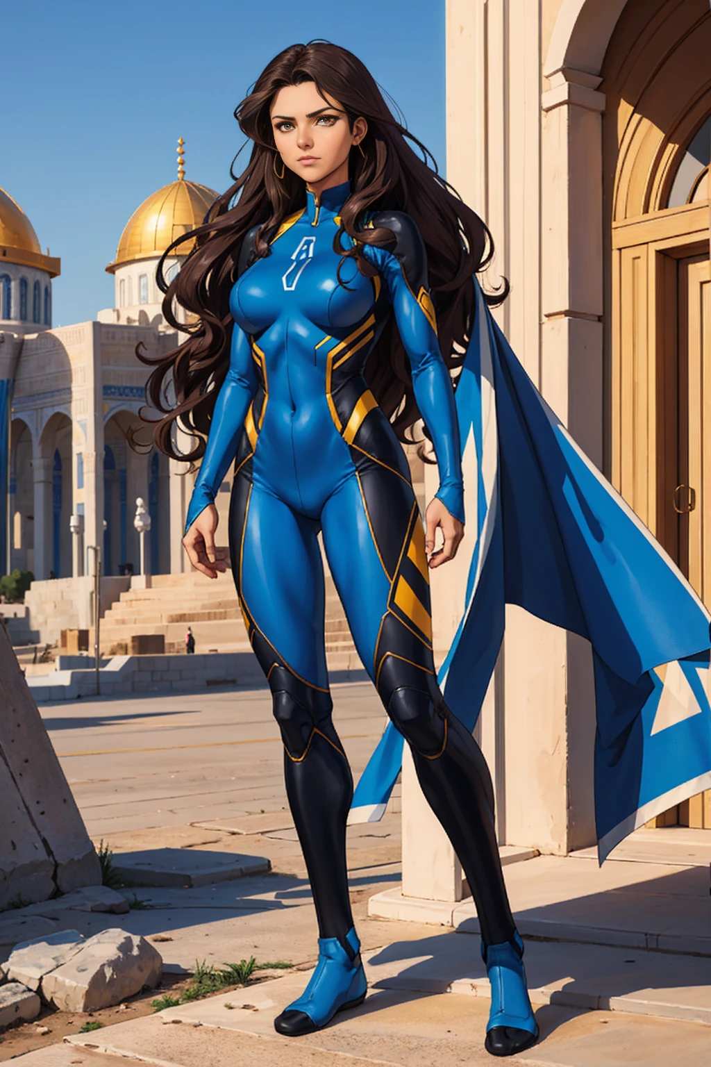 ((Full body photo, standing, feet on the ground)) Israeli woman israel superhero suit israel clothes black and blue clothes Israel flag long brown wavy hair olive skin dark yellow eyes jerusalem in the background