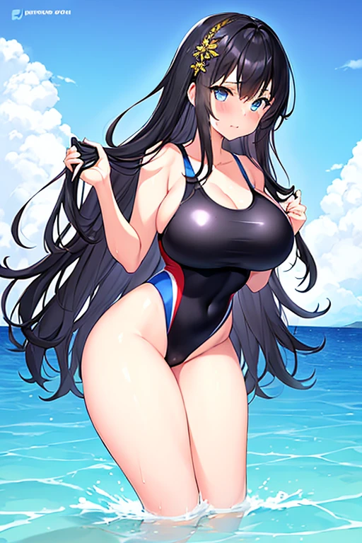 1girl, black hair, dark blue hair, dark hair, long hair, ornament, hair ornament, blue eyes, one-piece swimsuit, competition swimsuit, large breasts, wide hips, thick thighs, wavy mouth, shy, timid, breasts supress, ((breast suppress)), hands on breasts