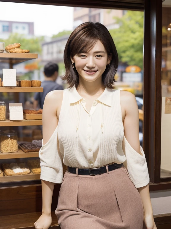 ((masterpiece))、((highest quality))、photograph、reality、high resolution、Very detailed、Married women、40 years old、(Plump body)、Delicate features、short hair、Realistic background and accessories、Big and ample breasts、Sexy smile、city、Create a shop window、Tight knit skirt、A shirt that shows cleavage、Wide-angle、evening、Midsummer Sun、((No sleeve))、